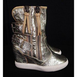 Giuseppe Zanotti Buckle Wedge Leather Sneaker 36 6 Gold Metallic High Top New